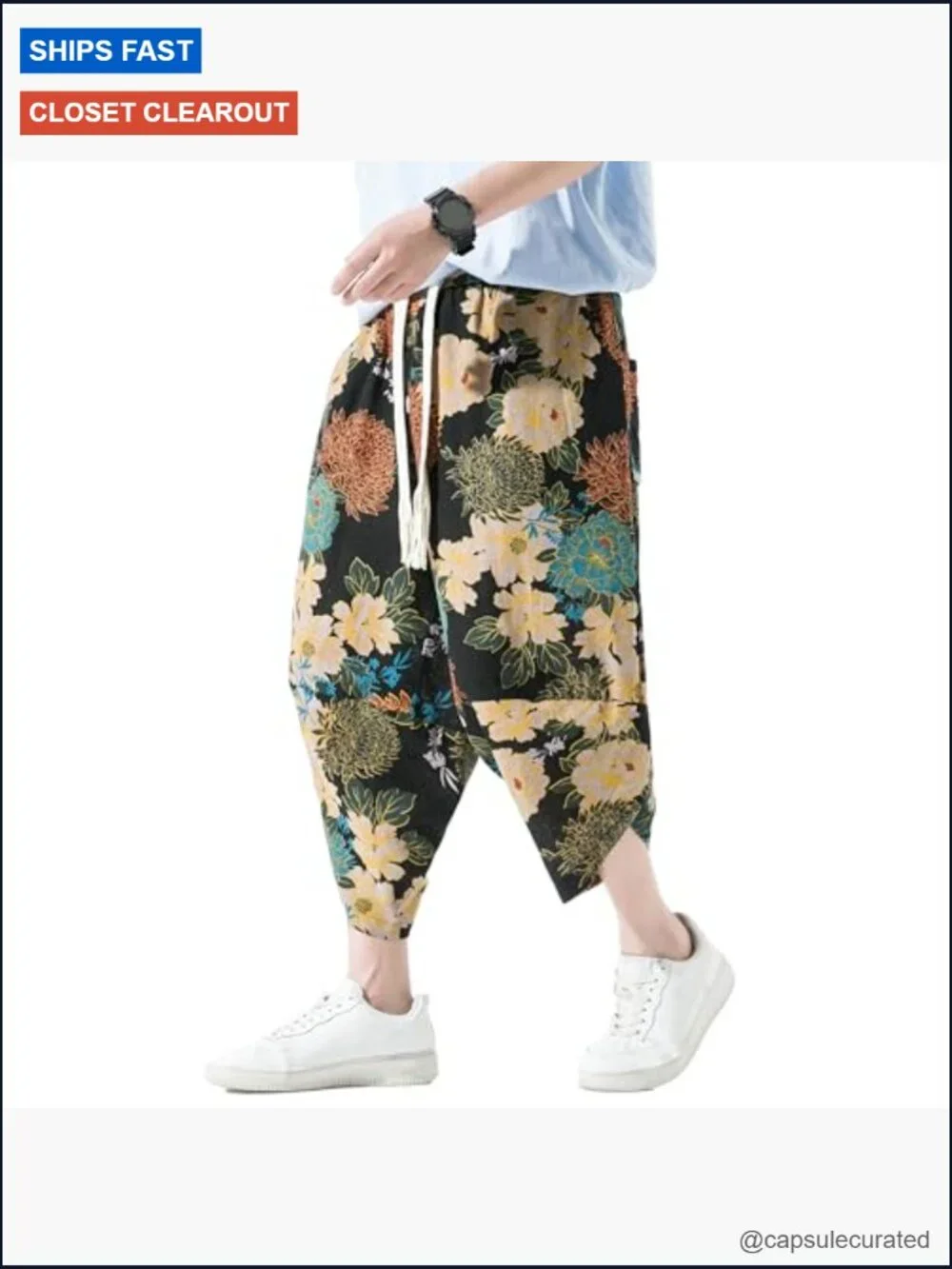 Men's Casual Wide Leg Baggy Harem Capri Pants Linen Summer Beach